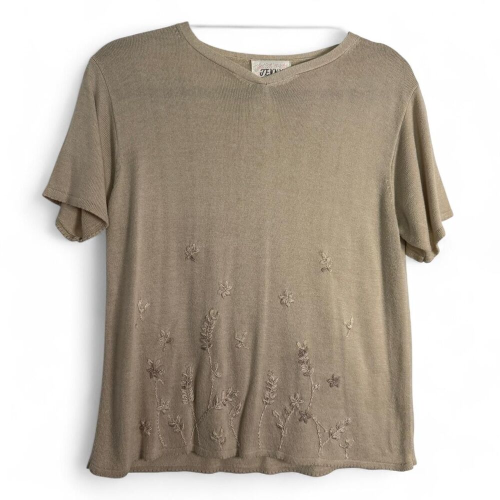 Vintage Jenny Sweater Size L Tan Beige Floral Embroidered Short Sleeve Knit Top